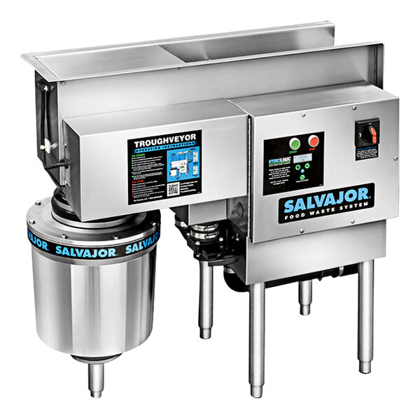 A Salvajor TroughVeyor food scrapping machine with a container and labels.