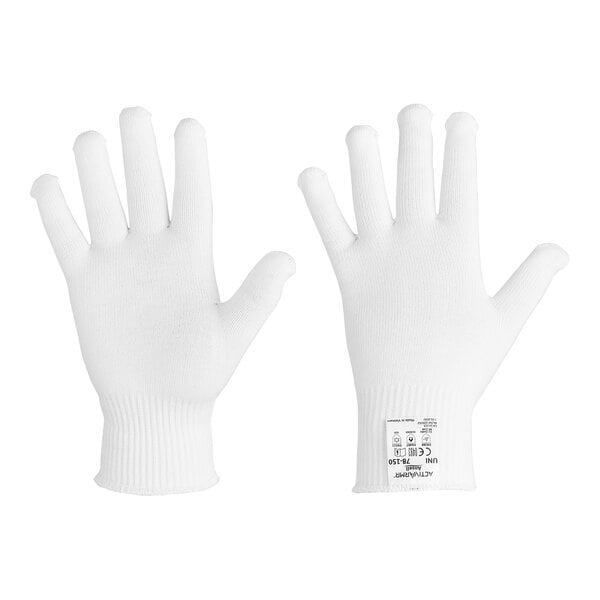 An Ansell ActivArmr white knitted polyester glove liner with extended fingers and a label.