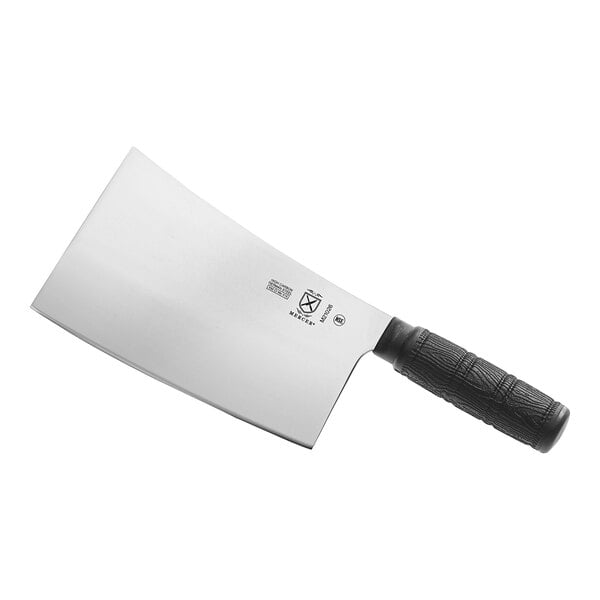A close-up of a Mercer Culinary Kau Kong Chopper with a black handle.