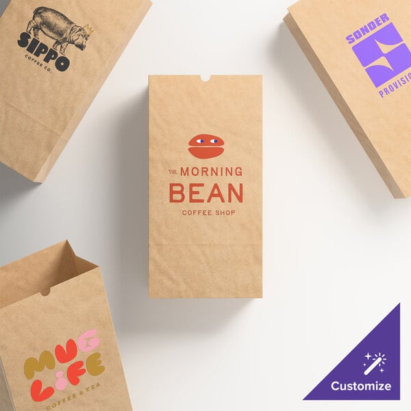 A set of customizable natural kraft paper bags with various printed designs and logos.