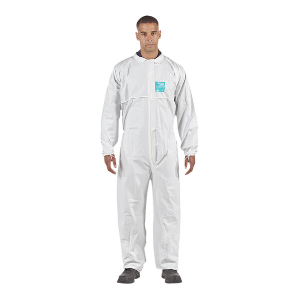 A person wearing a white Ansell AlphaTec coverall with blue logo.