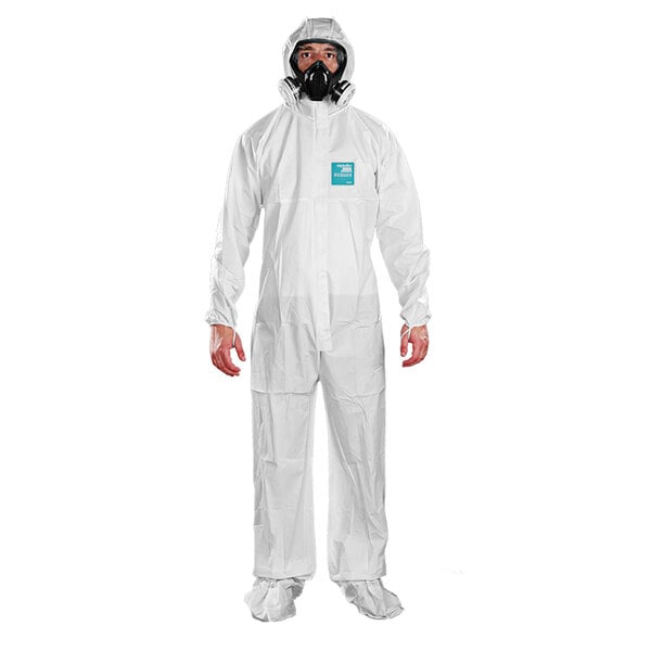 A man wearing a white Ansell AlphaTec coverall with hood and anti-skid boots.