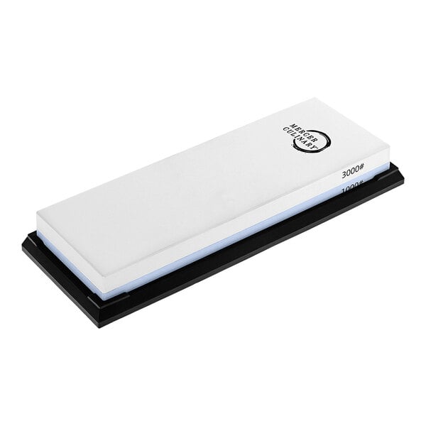 A white rectangular Mercer Culinary knife sharpener with black edges.