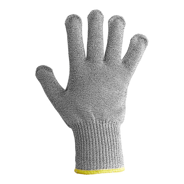 A gray medium-duty cut-resistant knitted glove with a Dyneema liner and a yellow cuff, shown in an extra-small size.