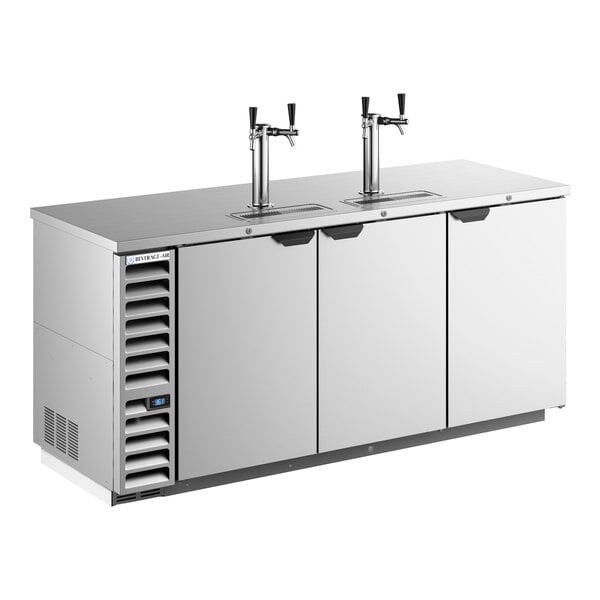 A stainless steel double tap kegerator beer dispenser with three doors and capacity for four half kegs.