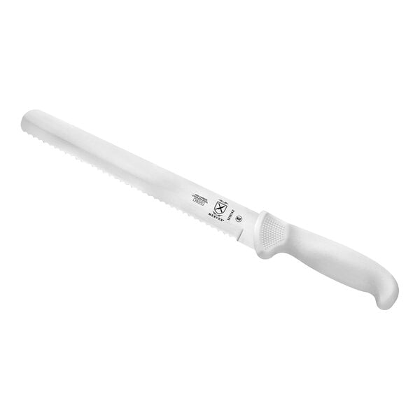A Mercer Culinary Ultimate White bread knife with a white handle.