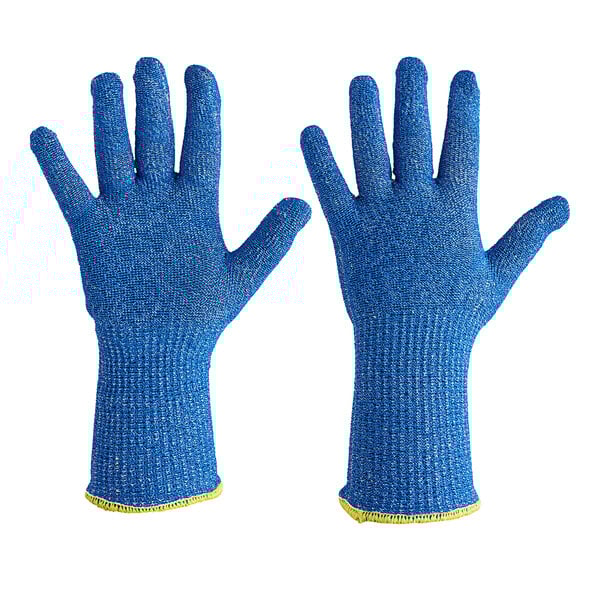 A pair of blue Ansell HyFlex kitchen gloves with yellow trim.