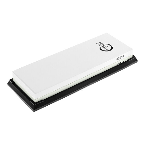 A white rectangular Mercer Culinary knife sharpener with a black base.