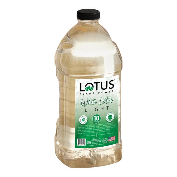 A large clear plastic bottle with a black cap and a green and white label reading 'Lotus Plant Power White Lotus Light' and other product details.