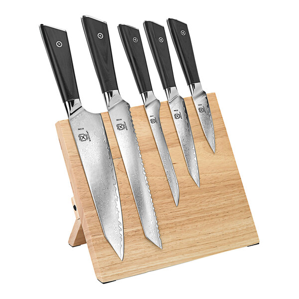 A Mercer Culinary Damascus knife set on a wooden stand.