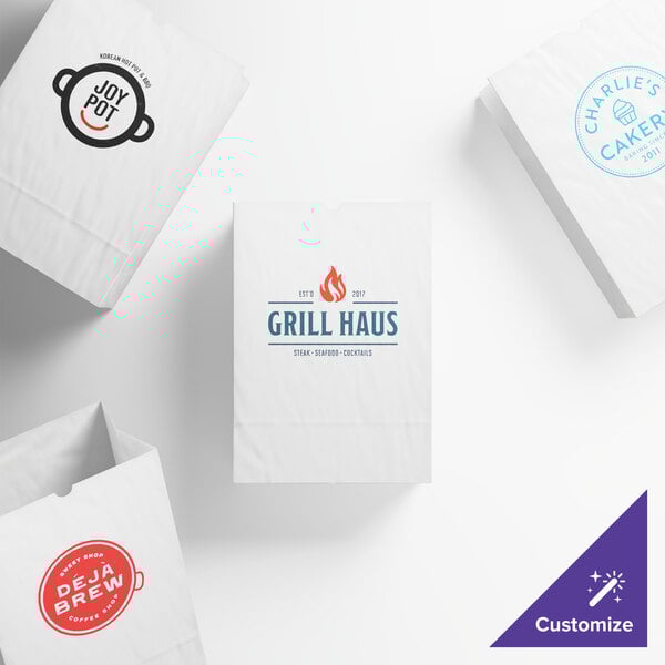 A set of customizable white paper barrel sacks featuring various business logos and designs.