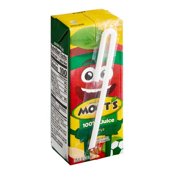A close-up of a Mott's Apple Juice box with a straw.