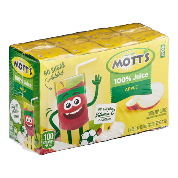 A case of Mott's Apple Juice boxes on a counter.