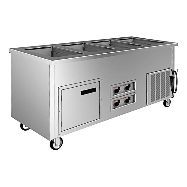 A Delfield stainless steel mobile food well service counter with a FlexiWell.