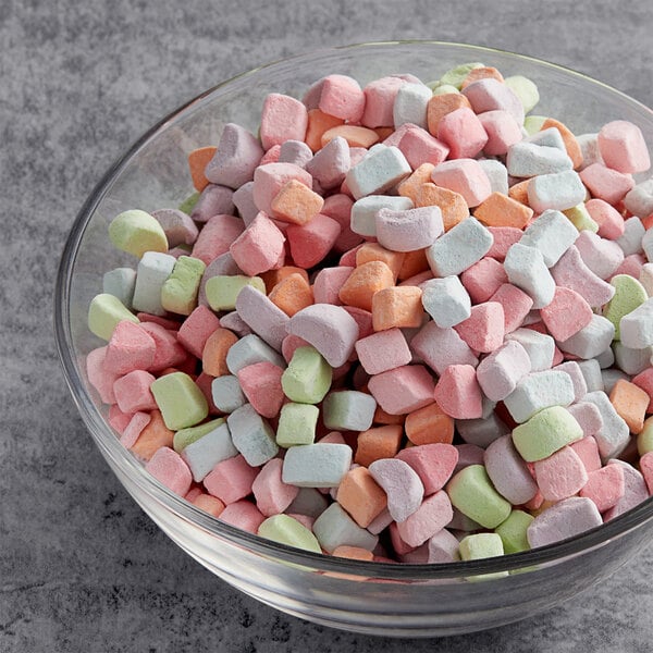 A bowl of Mini Rainbow Vanilla Dehydrated Marshmallows.