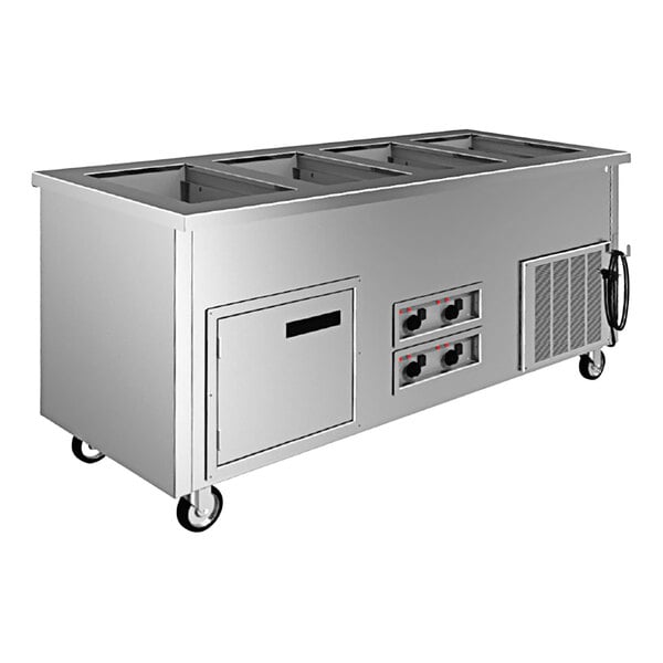 A Delfield stainless steel mobile food well service counter with three pans.