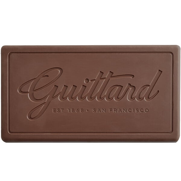 A brown rectangular Guittard chocolate bar with the word Guittard on it.