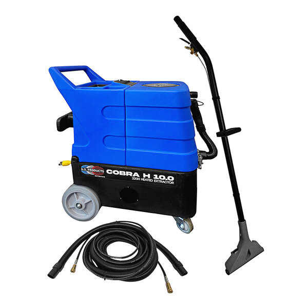 A blue and black U.S. Products Cobra 10.0 heated carpet extractor with a hose.