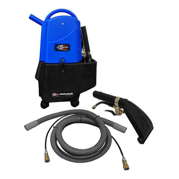 A blue and black U.S. Products carpet spotter with hose and hose.
