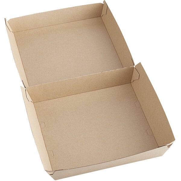 A Sabert corrugated kraft cardboard take-out box with two open sides and the lid open.