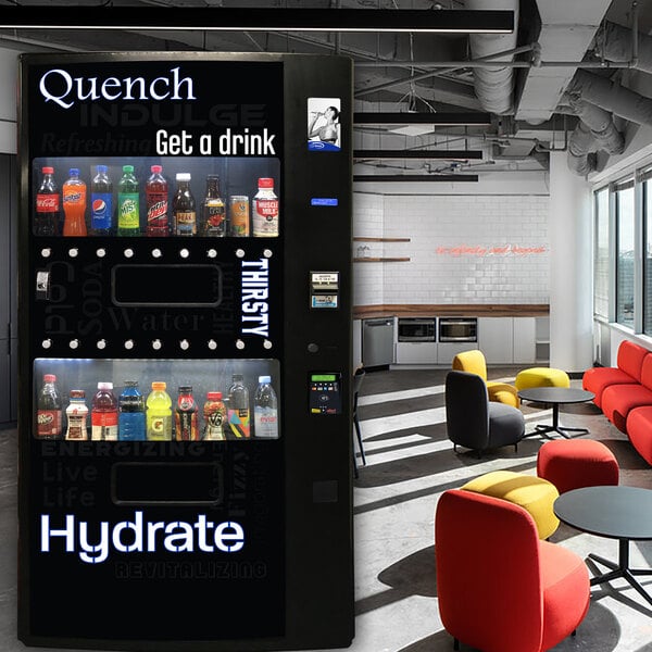 A refrigerated vending machine stocked with a variety of bottled and canned beverages.