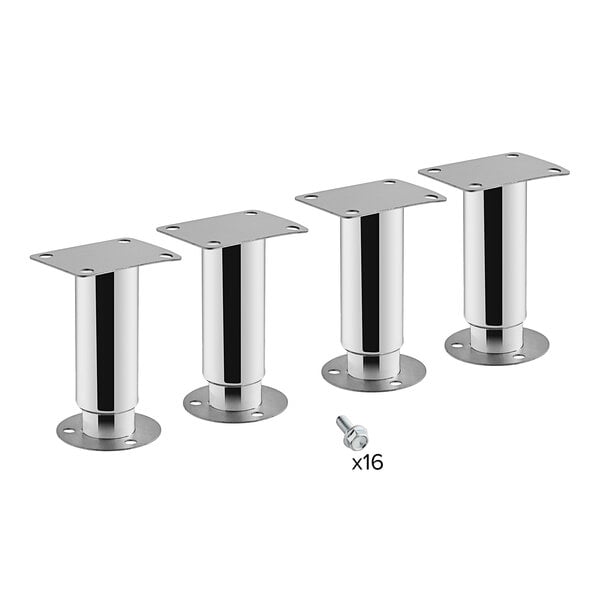 Four silver metal Avantco adjustable seismic legs with square bases.