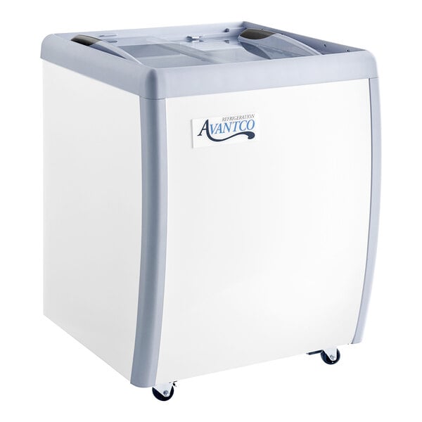 An Avantco gelato dipping cabinet with wheels.