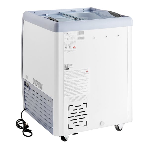 An Avantco gelato dipping cabinet with a glass top and white rectangular body.