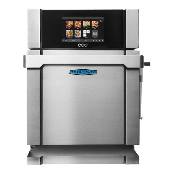 A stainless steel TurboChef Eco El Bandido rapid cook oven on a countertop with a touchscreen.
