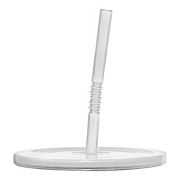 A clear plastic straw in a white cup with a clear lid.