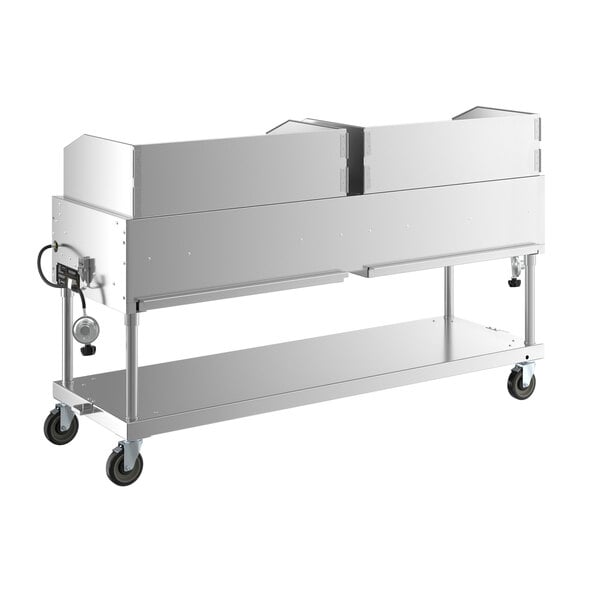 A white metal cart with wheels holding a stainless steel Backyard Pro outdoor grill.