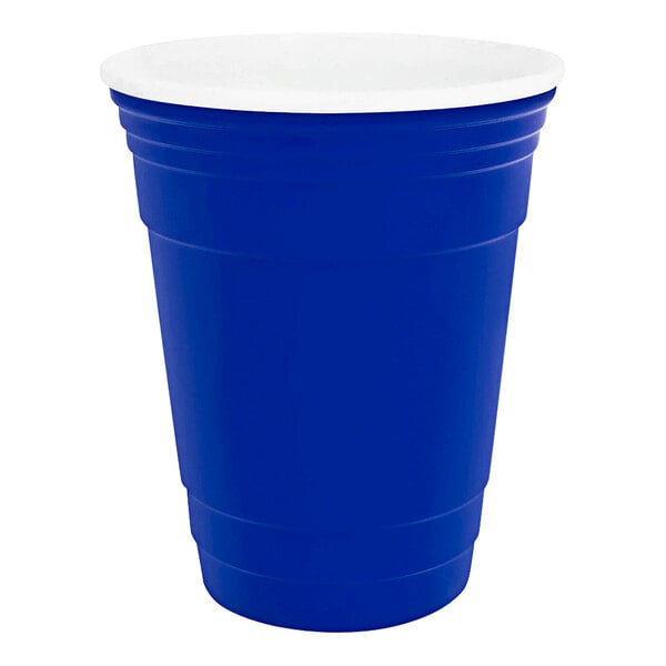 A cobalt blue plastic tumbler with a white rim.