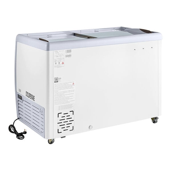 An Avantco white rectangular gelato dipping cabinet with wheels and a black lid.