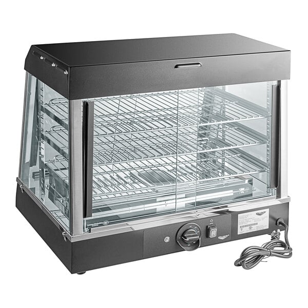 A black and silver Vollrath countertop hot food merchandiser with a glass door.