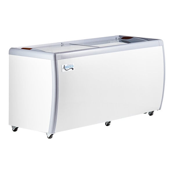 An Avantco gelato dipping cabinet with a white exterior and wheels.
