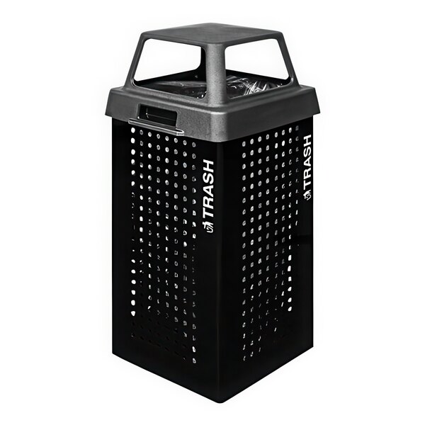 An Ex-Cell Kaiser black gloss trash receptacle with a grey top.