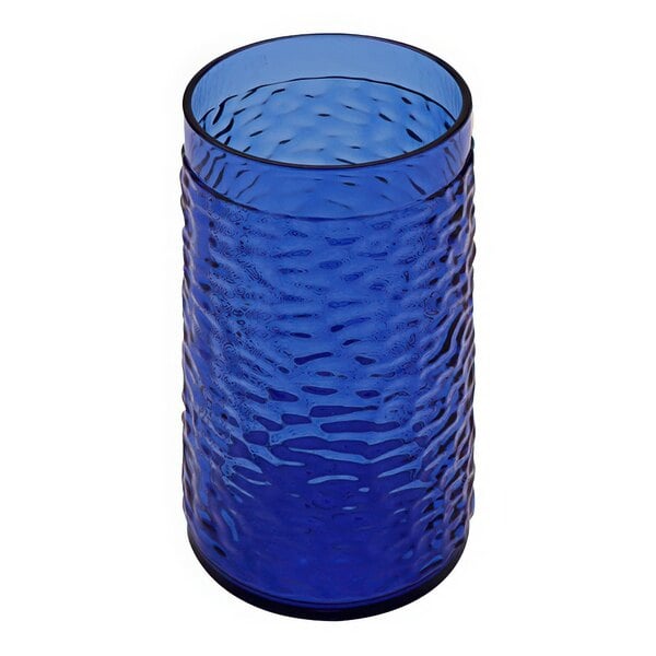 A close-up of a blue GET plastic tumbler with a wavy pattern.
