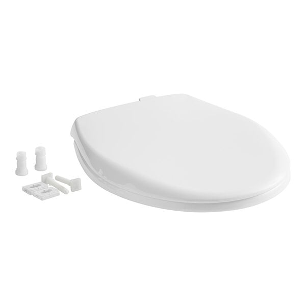 A white Bemis round plastic toilet seat with lid open.