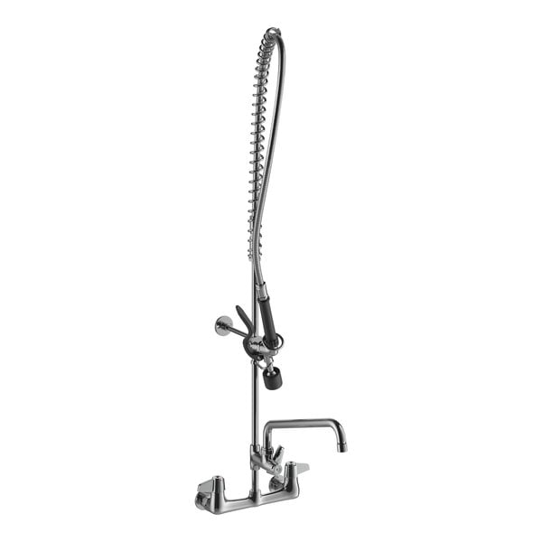 A silver Equip by T&S wall mounted pre-rinse faucet with a hose.