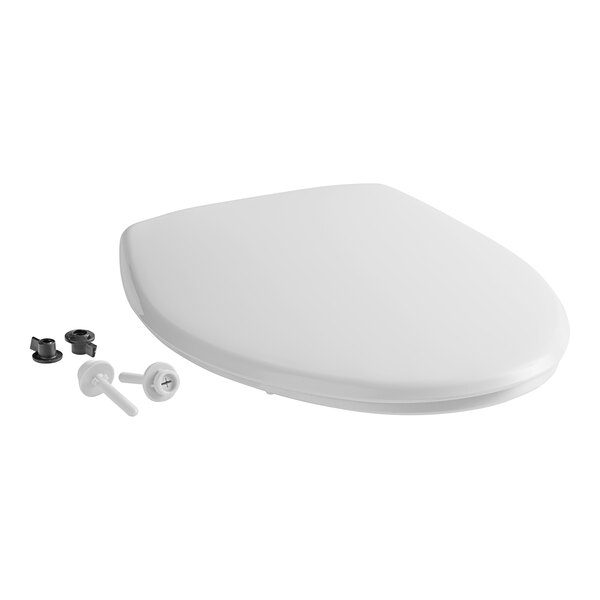 A white plastic Bemis toilet seat with screws.