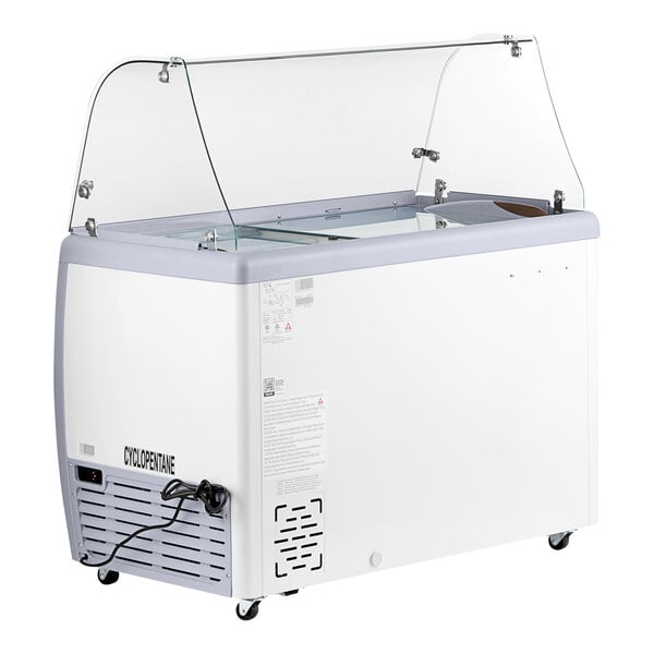 An Avantco white gelato dipping cabinet with a clear glass top.