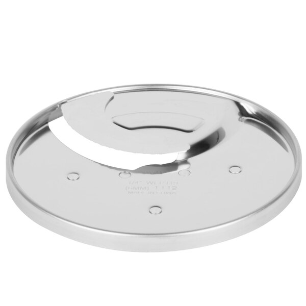A stainless steel Waring 1/4" slicing disc with a circular hole.