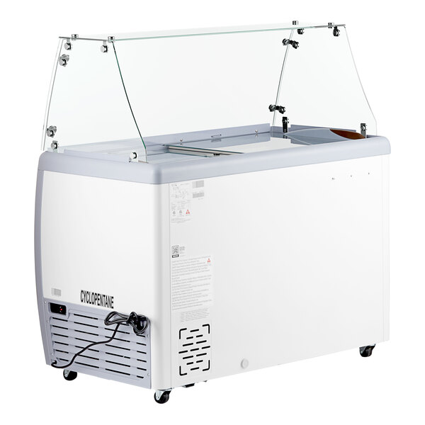 An Avantco white and silver gelato dipping cabinet with a clear glass cover.
