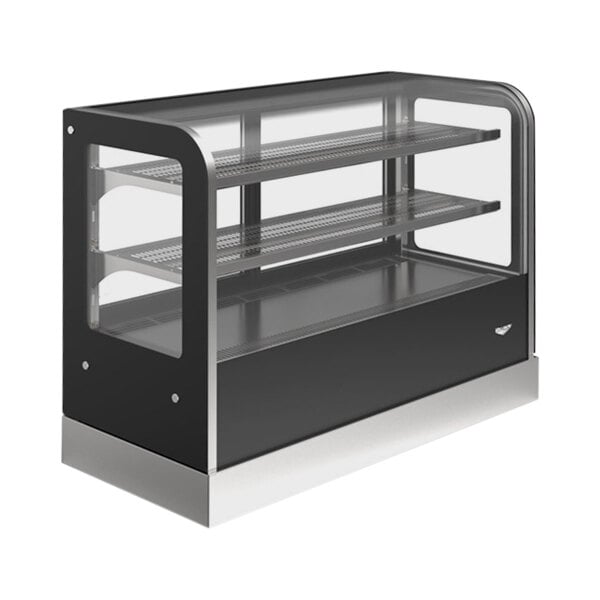 A black Vollrath countertop display case with glass shelves.