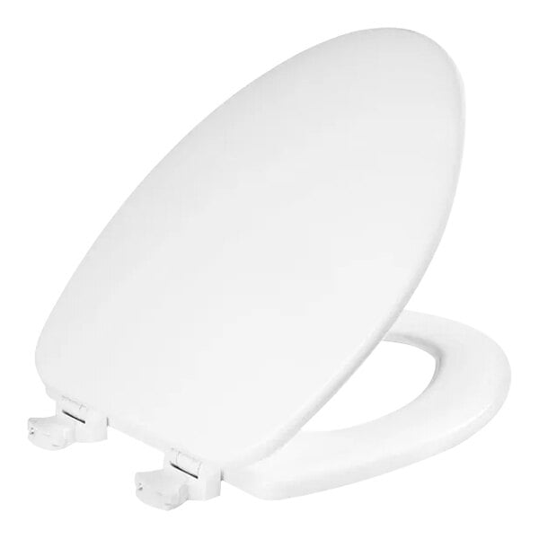 A white Church enameled wood toilet seat with lid and hinge.