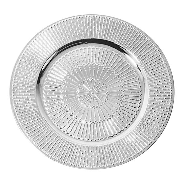 A close-up of an American Atelier silver charger plate with a circular design.