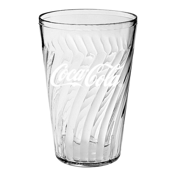 A clear GET plastic tumbler with a Coca-Cola logo.
