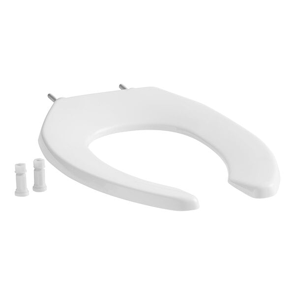 A white Bemis elongated plastic toilet seat with self-sustaining hinges.
