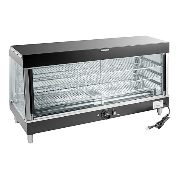 A black and silver Vollrath countertop hot food merchandiser with a glass door.