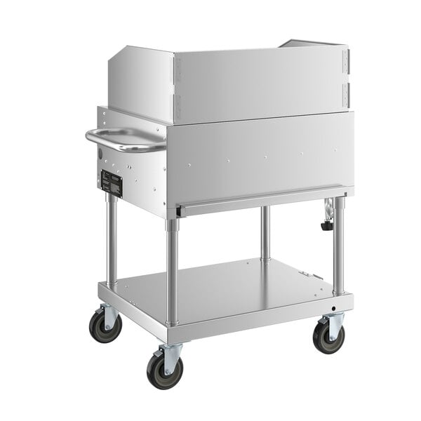 A large stainless steel cart with wheels.